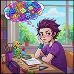 Cartoon style image to show a student thinking abouit a problem.